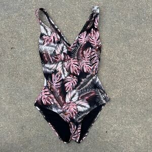 Hurley pink gray black palm leaf tropical cross back one piece swimsuit MEDIUM